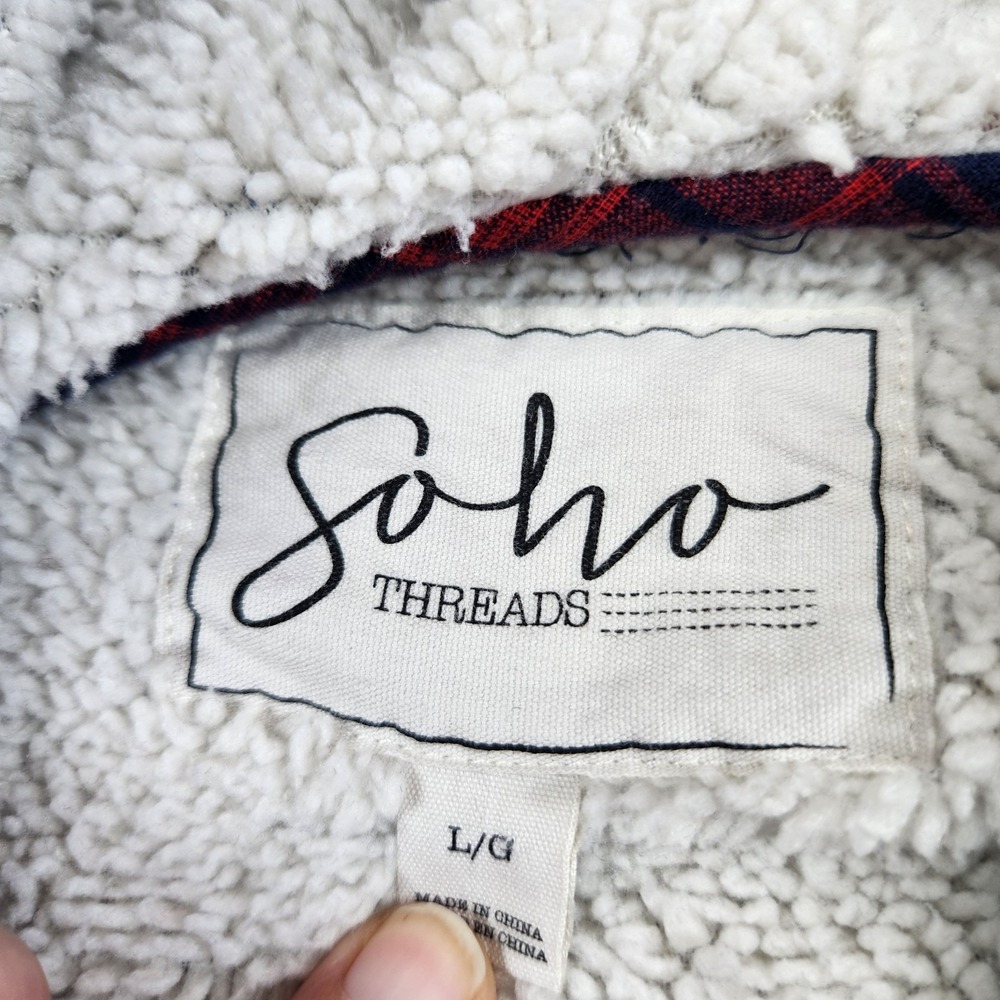 Soho Threads sherpa fleece lined plaid hooded Womens Jacket  Red Blue Large - Picture 2 of 10